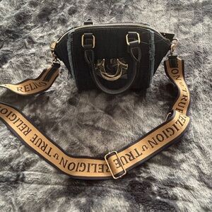 True Religion Black Denim Crossbody Satchel with Branded Canvas Strap